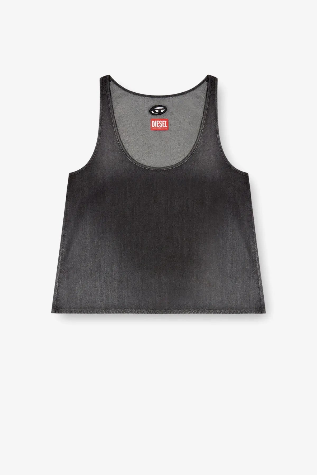 Diesel women’s black denim tank top with faded texture cotton and lyocell fabric and red brand tag at neckline