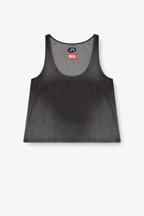 Diesel women’s black denim tank top with faded texture cotton and lyocell fabric and red brand tag at neckline