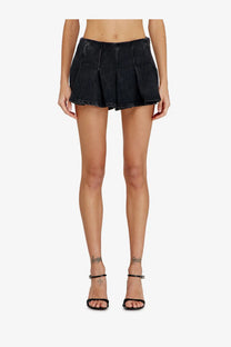 Black pleated denim mini skirt with frayed hem from Diesel women’s DE Rox pleated denim shorts collection