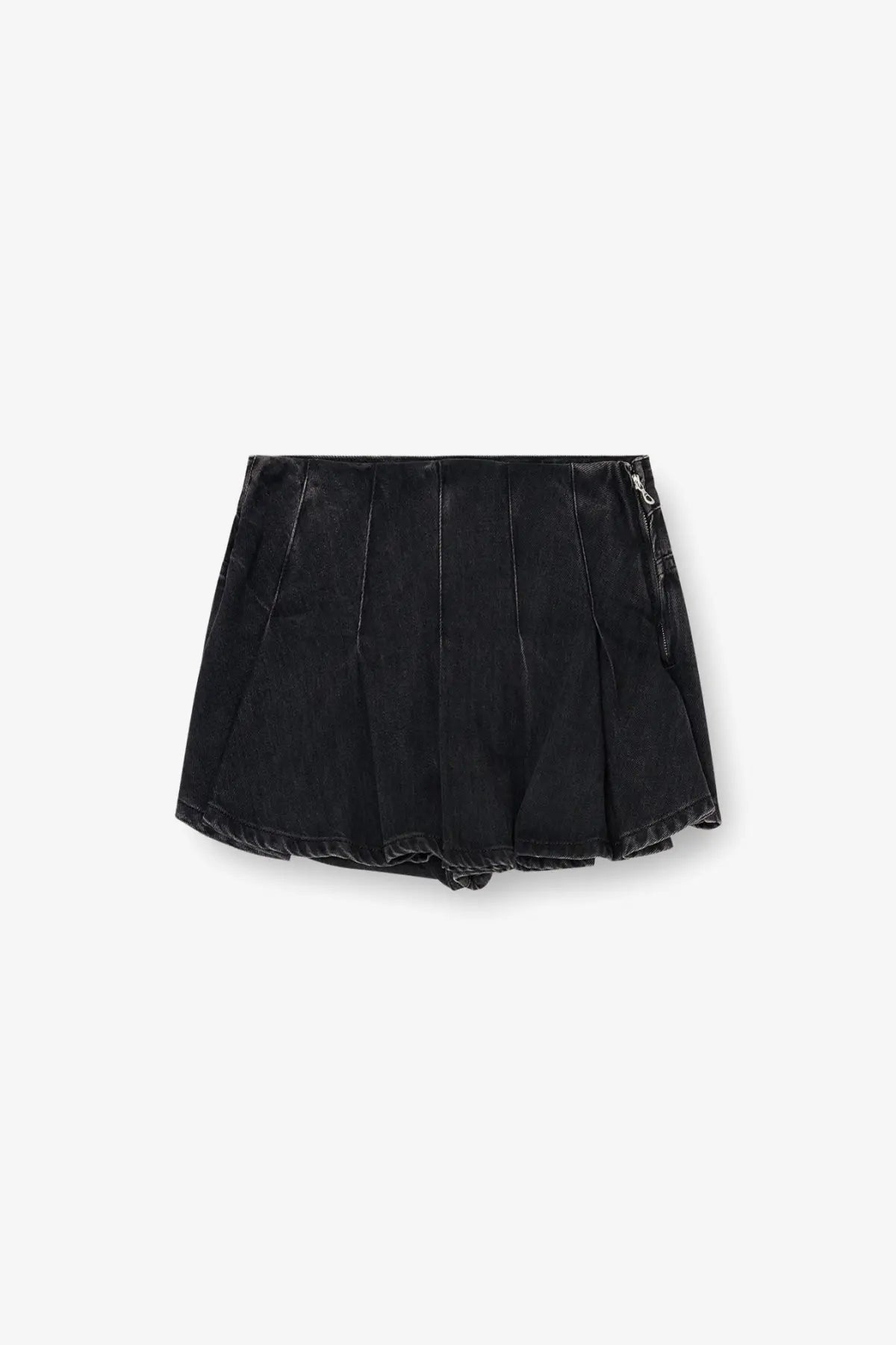 Diesel women’s DE Rox pleated denim shorts black with faux leather finish and frayed hem front view
