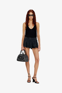 Black textured handbag with a prominent metallic logo in front paired with diesel women’s de rox pleated denim shorts black