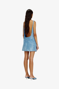Diesel women’s de selune fsi light blue denim mini dress back side with backless design and thin straps