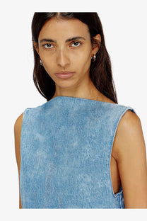 Diesel women’s de selune fsi denim dress blue featuring light blue sleeveless denim with subtle faded texture and open shoulder cutouts