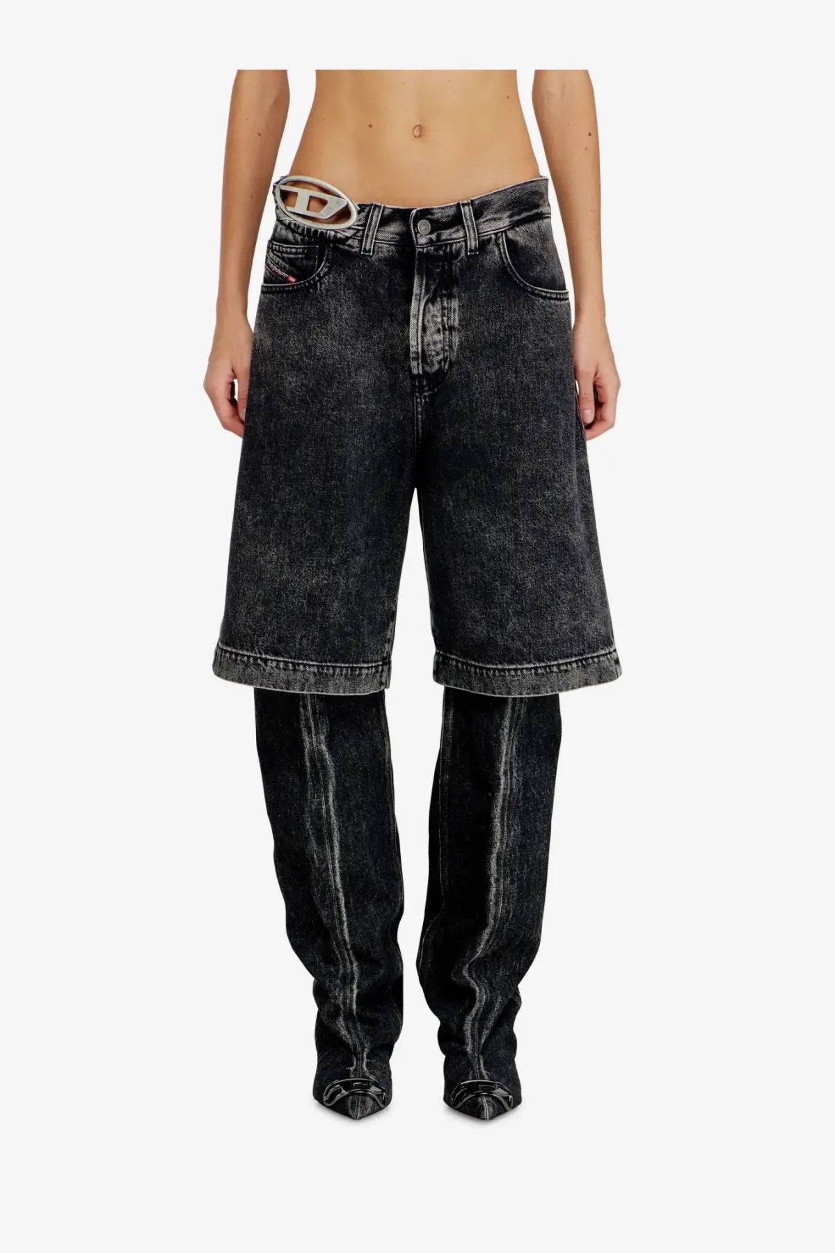 Diesel women’s de sire short s2 black denim bermuda shorts with distressed faded finish and silver diesel belt buckle