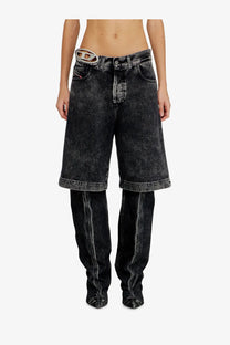 Diesel women’s de sire short s2 black denim bermuda shorts with distressed faded finish and silver diesel belt buckle