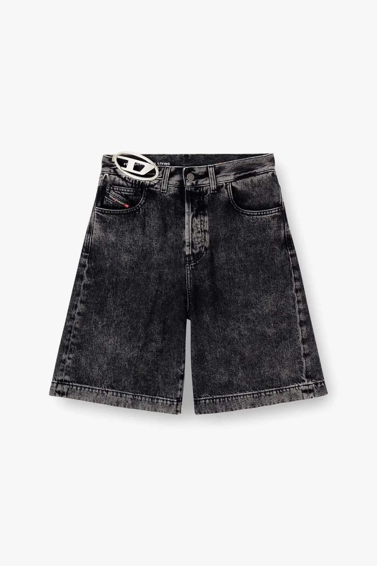 Diesel women’s de sire short s2 black denim bermuda shorts with faded distressed look and white logo plaque at waistband
