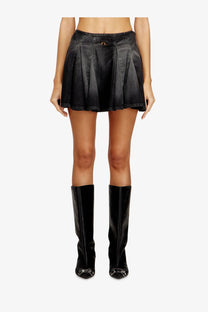 Black pleated denim mini skirt with button closure at waistband from Diesel womens DE Spiki short denim skirt black