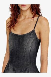 Diesel women’s black denim corset-style top with thin straps and fitted structured silhouette in DE Spoky dress