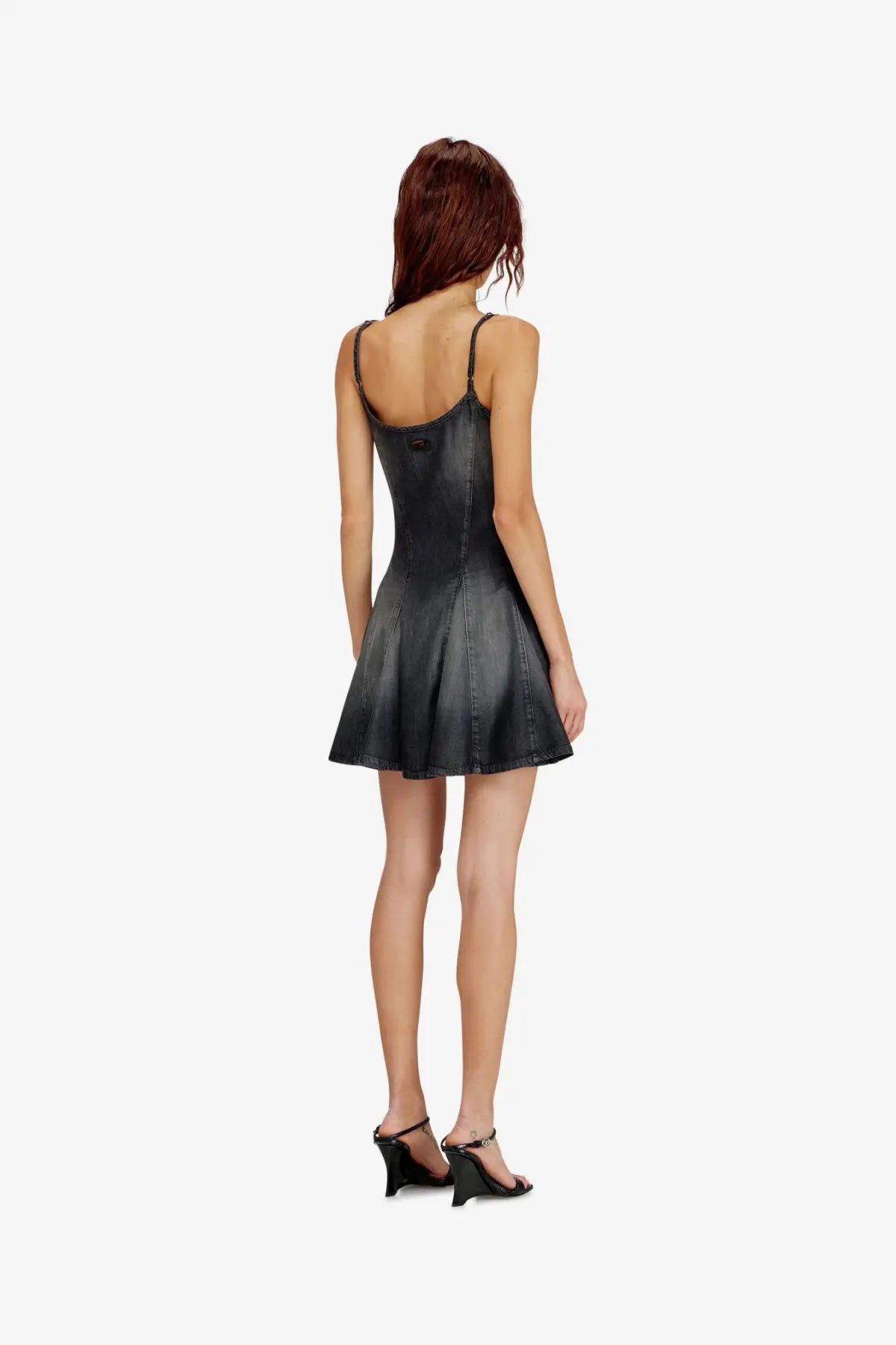 Black denim mini dress by Diesel with thin straps and flared skirt perfect for casual summer wear