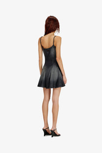Black denim mini dress by Diesel with thin straps and flared skirt perfect for casual summer wear