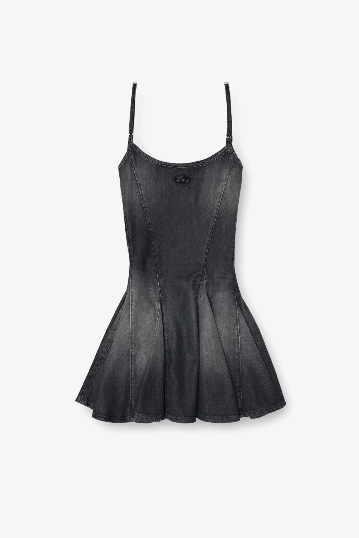 Diesel women’s black denim mini dress with thin straps and flared skirt for casual wear