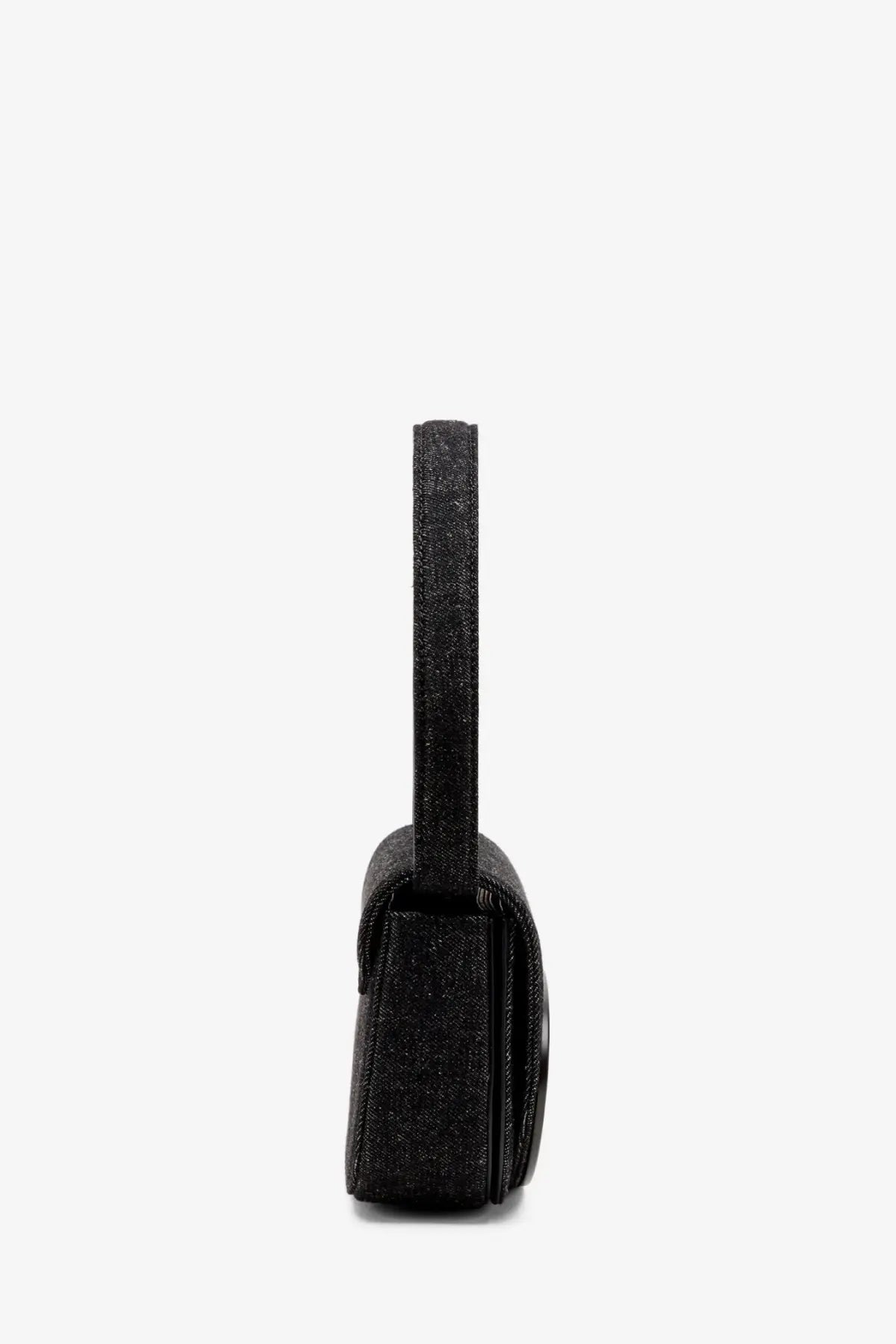 Diesel women’s denim shoulder bag in black with a sleek glittery handbag and matching handle design