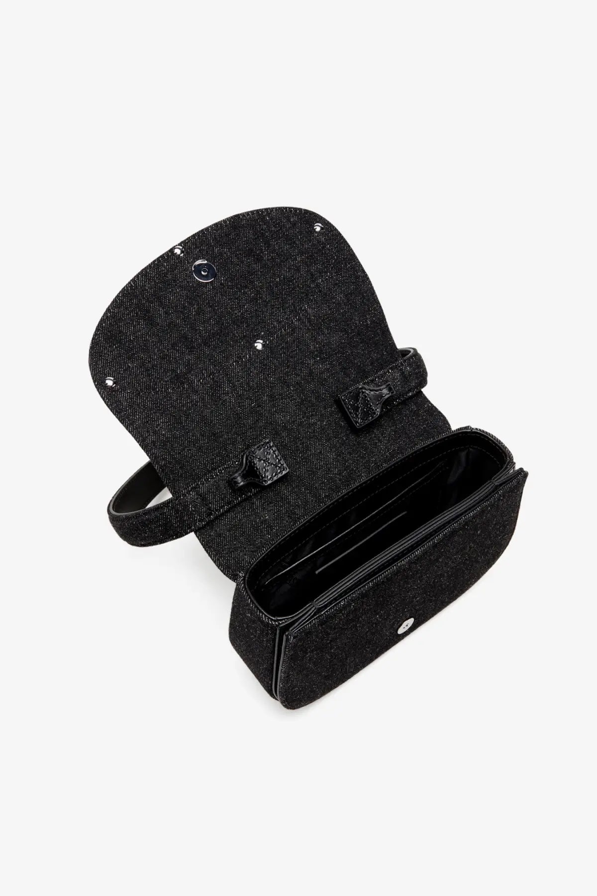 Diesel women’s denim shoulder bag black with structured rectangular shape black leather straps and glittery finish
