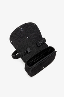 Diesel women’s denim shoulder bag black with structured rectangular shape black leather straps and glittery finish