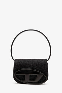 Diesel women’s black denim shoulder bag with textured finish glossy black oval logo and circular handle