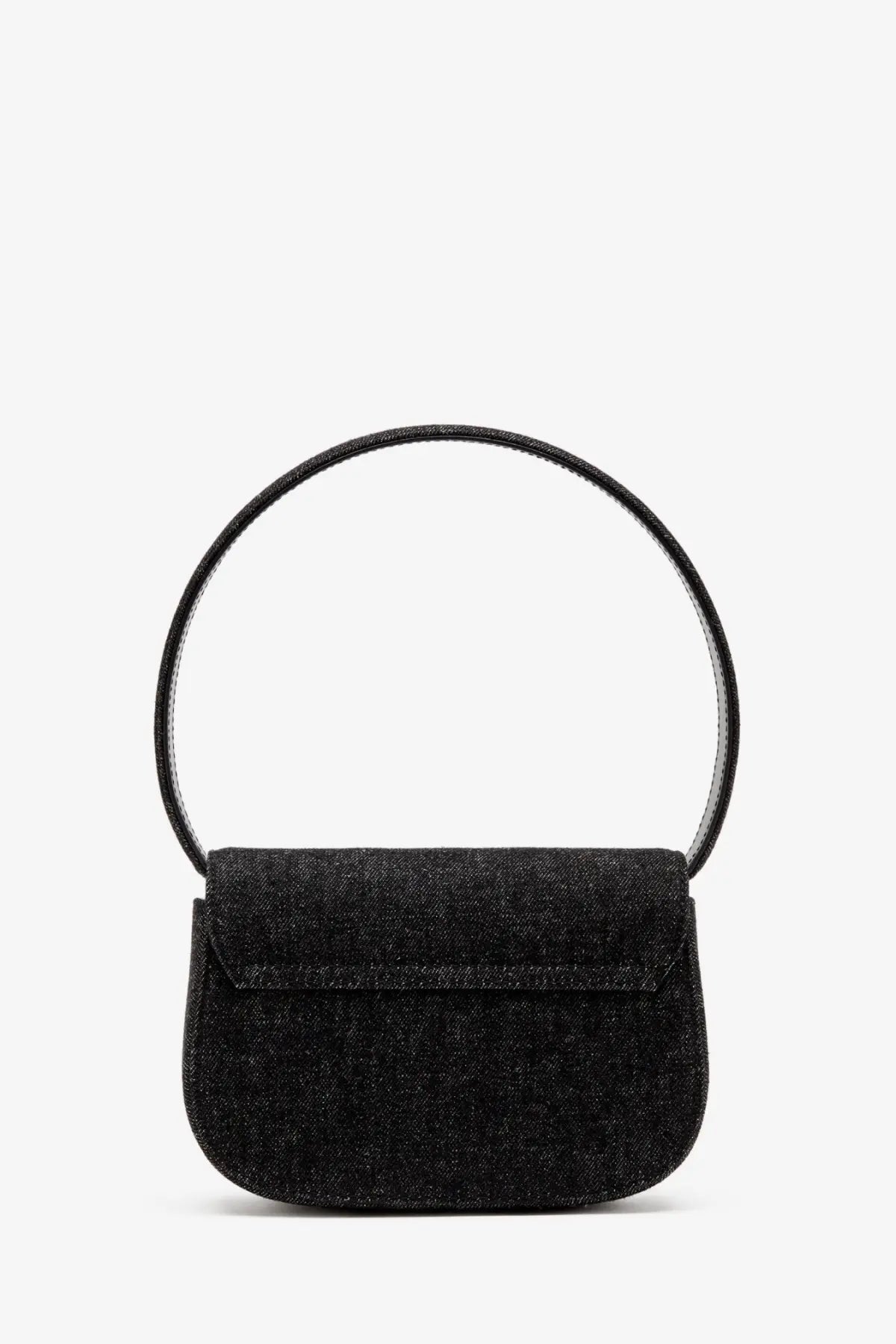 Diesel women’s black denim shoulder bag with textured mini design and circular top handle for stylish use