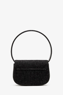 Diesel women’s black denim shoulder bag with textured mini design and circular top handle for stylish use