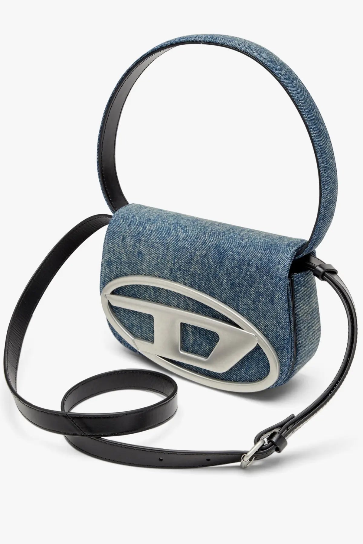 Diesel women’s denim shoulder bag in blue with denim texture silver oval logo and black leather strap
