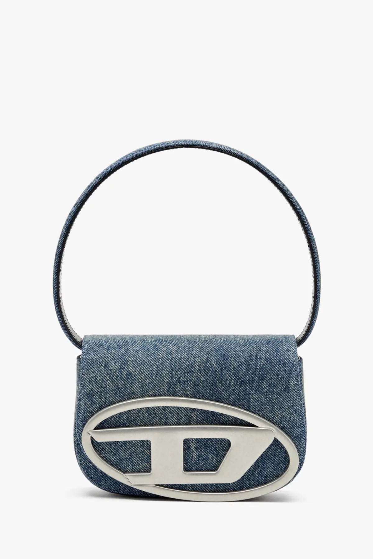 Diesel women’s denim shoulder bag blue with a mini handbag design silver oval logo clasp and circular handle