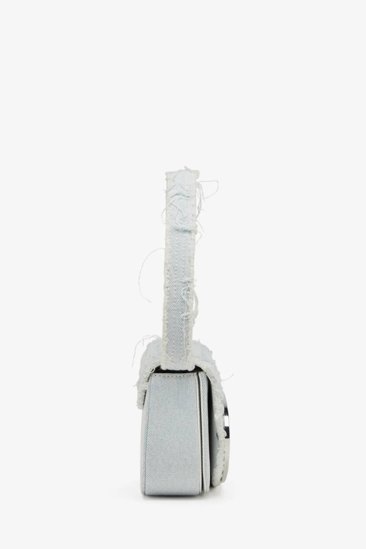 Diesel women’s grey denim shoulder bag with distressed light blue denim and frayed top handle silver hardware