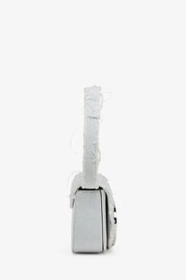 Diesel women’s grey denim shoulder bag with distressed light blue denim and frayed top handle silver hardware