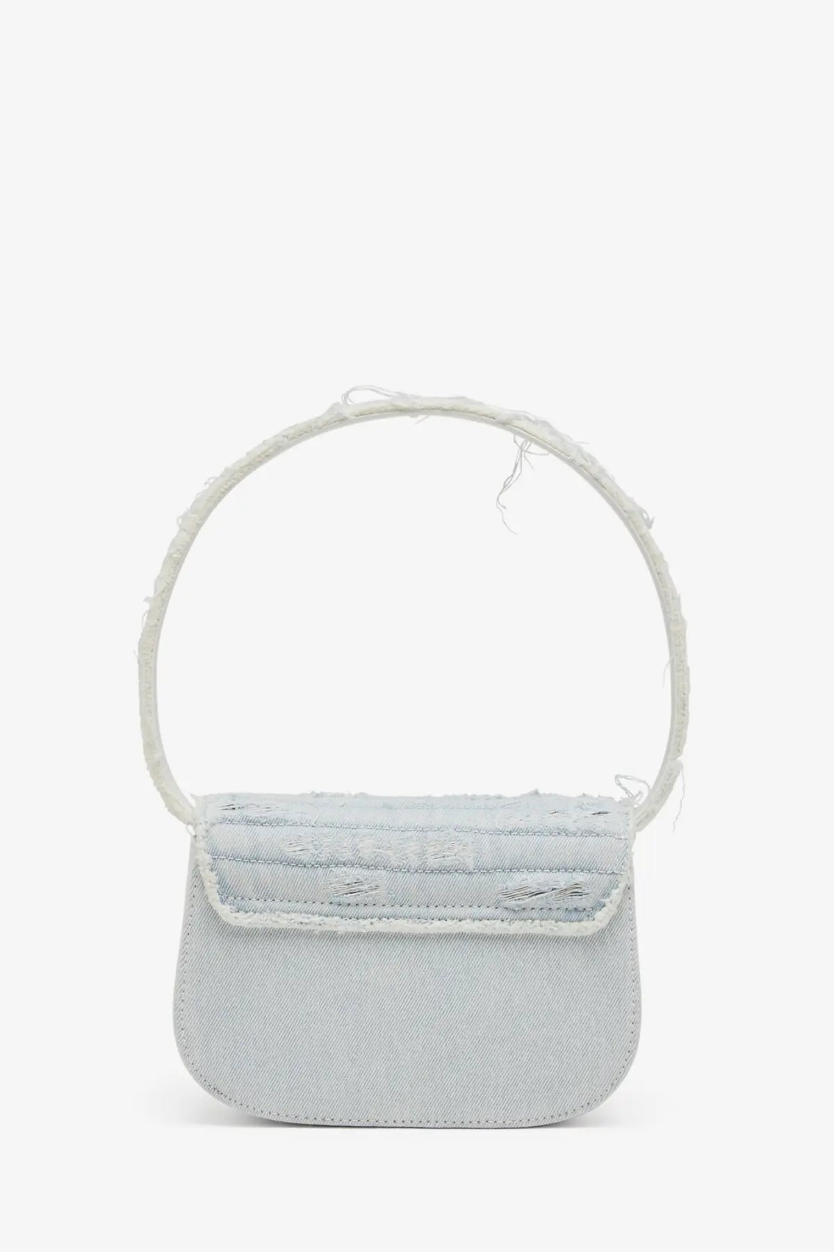 Diesel women’s grey denim shoulder bag with light blue denim, circular frayed handle, and stitched flap detail