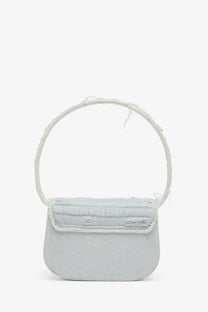 Diesel women’s grey denim shoulder bag with light blue denim, circular frayed handle, and stitched flap detail