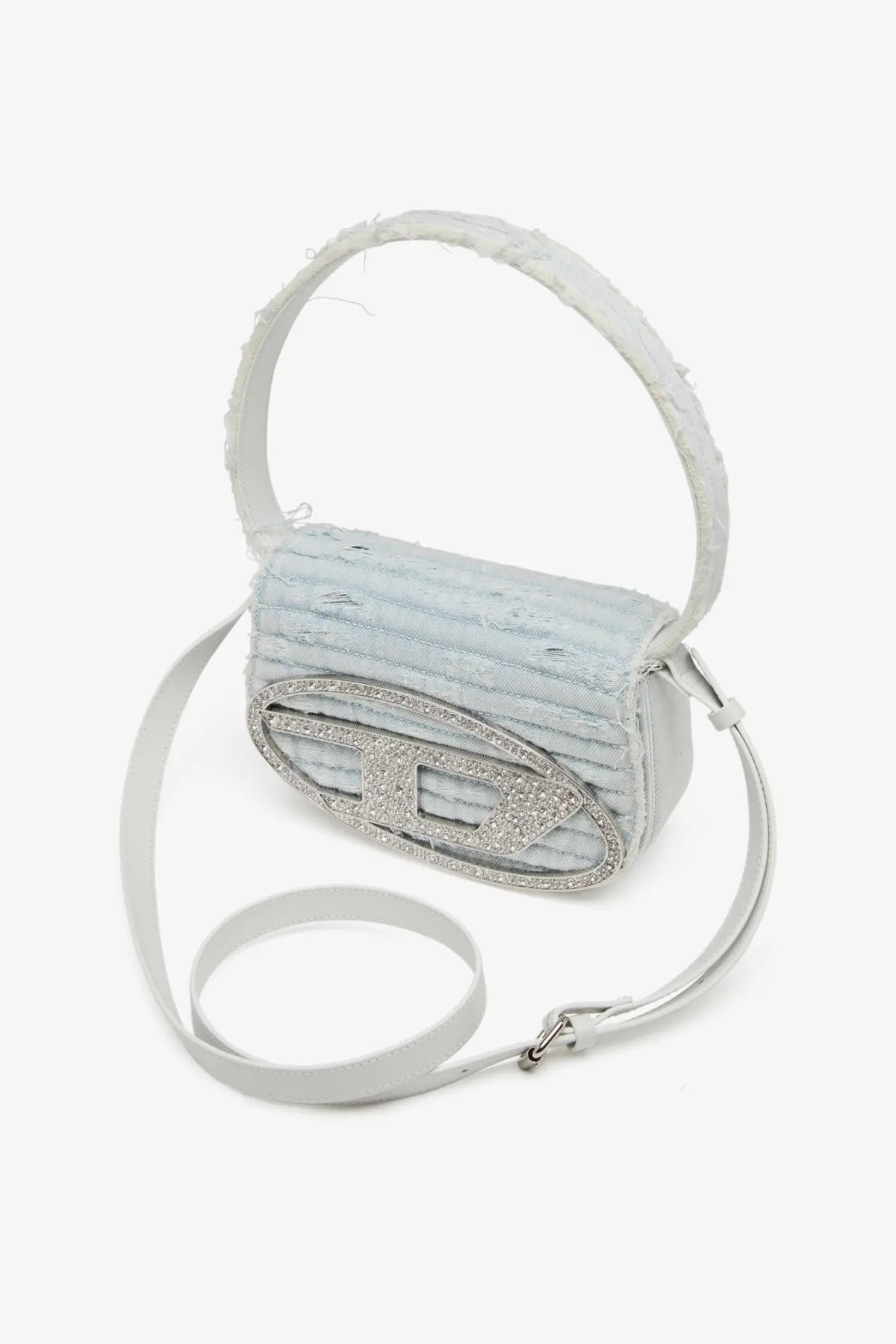 Diesel women’s denim shoulder bag grey with light blue denim texture silver rhinestone logo and white handle and strap