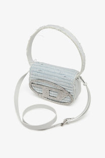 Diesel women’s denim shoulder bag grey with light blue denim texture silver rhinestone logo and white handle and strap
