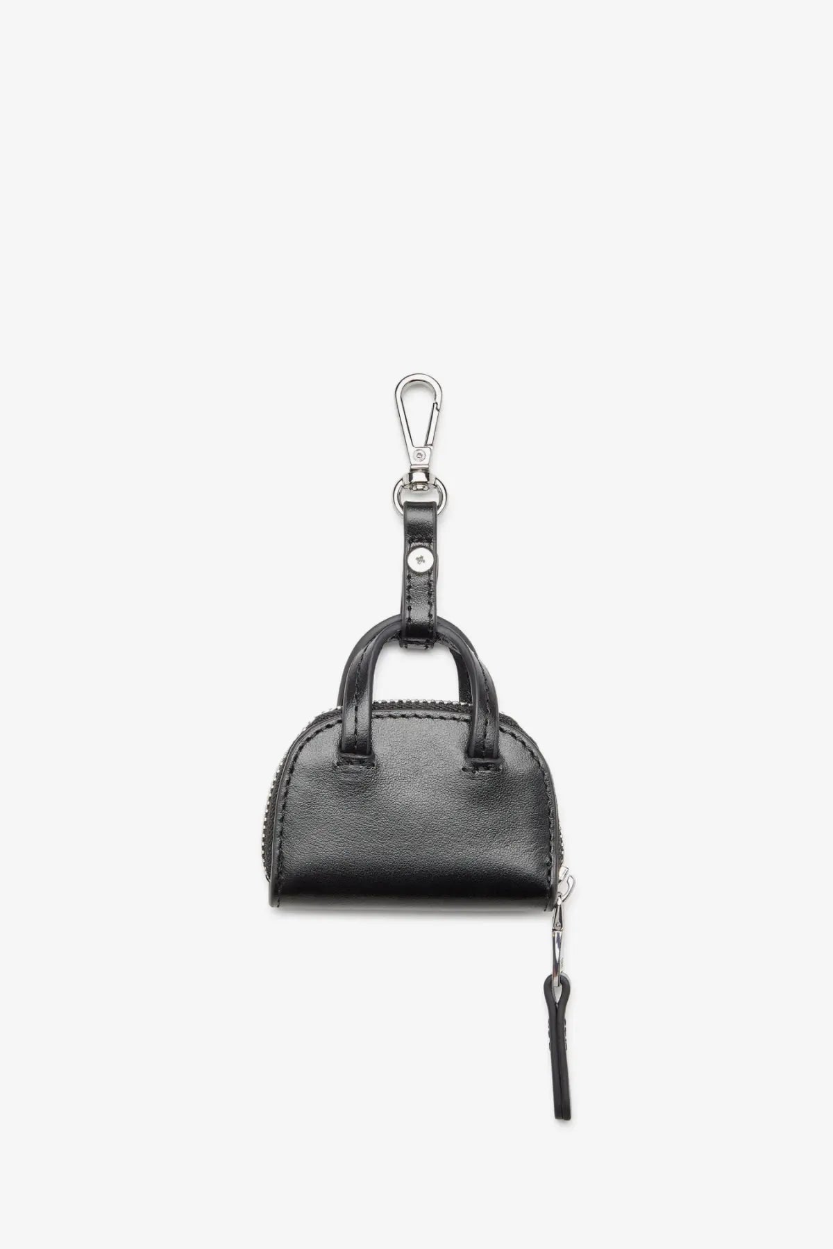 Diesel women’s dome charms black leather mini handbag keychain with silver metal clasp and zipper pull