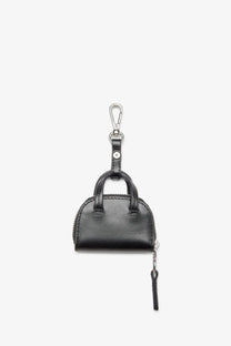 Diesel women’s dome charms black leather mini handbag keychain with silver metal clasp and zipper pull