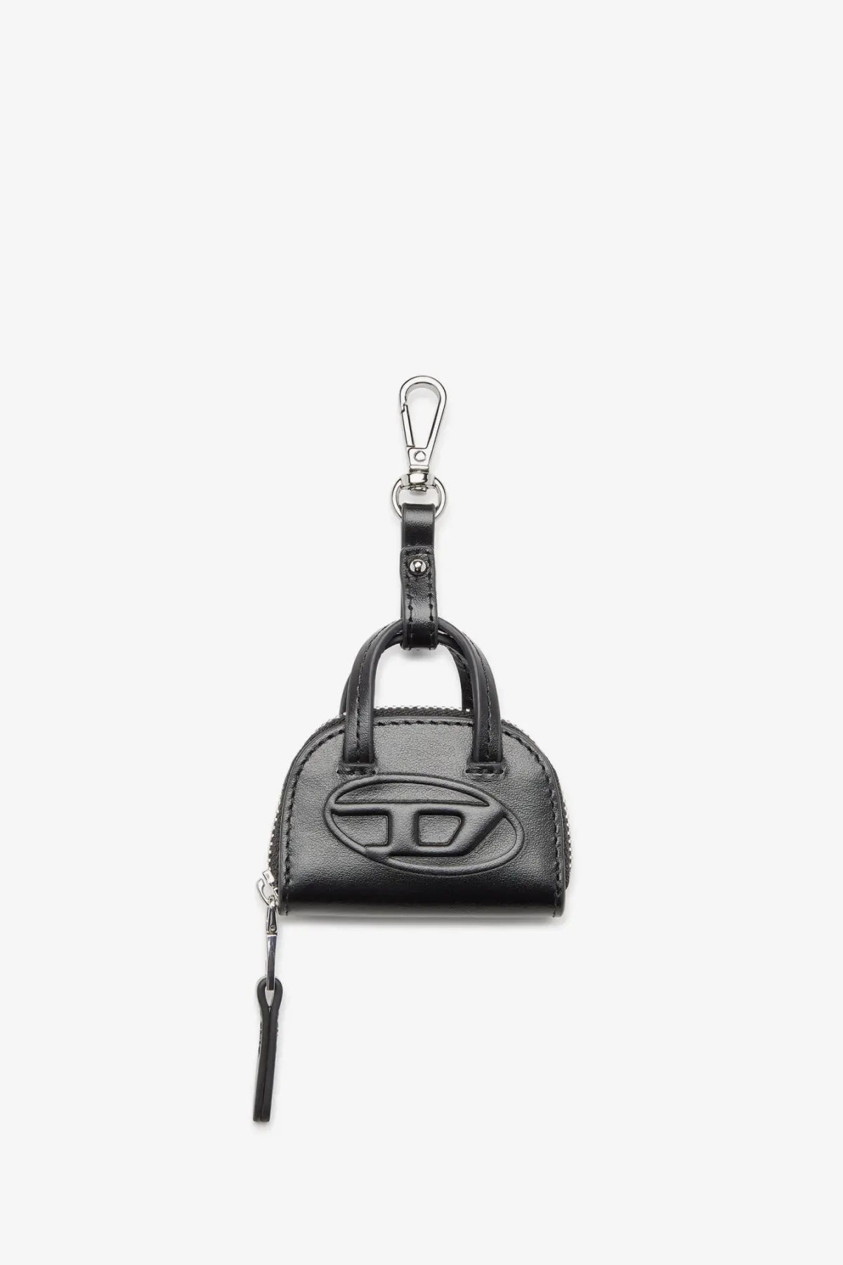Diesel women’s dome charms black leather mini handbag keychain with silver-toned logo and zipper pull