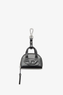 Diesel women’s dome charms black leather mini handbag keychain with silver-toned logo and zipper pull