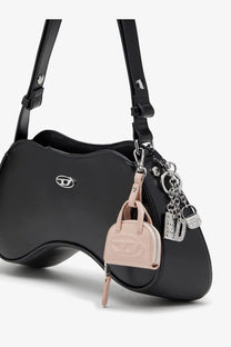 Black glossy leather shoulder bag with sleek modern design and silver logo emblem for diesel womens dome charms pvc keychain pink