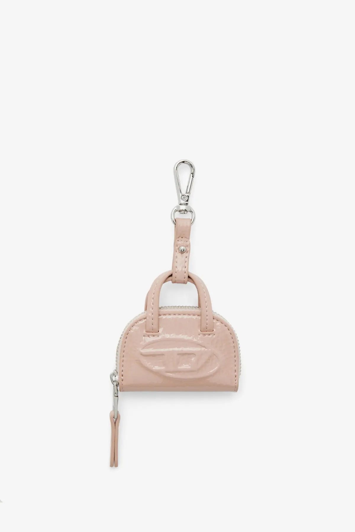 Diesel women’s dome charms blush pink pvc mini handbag keychain with glossy finish and embossed logo on front