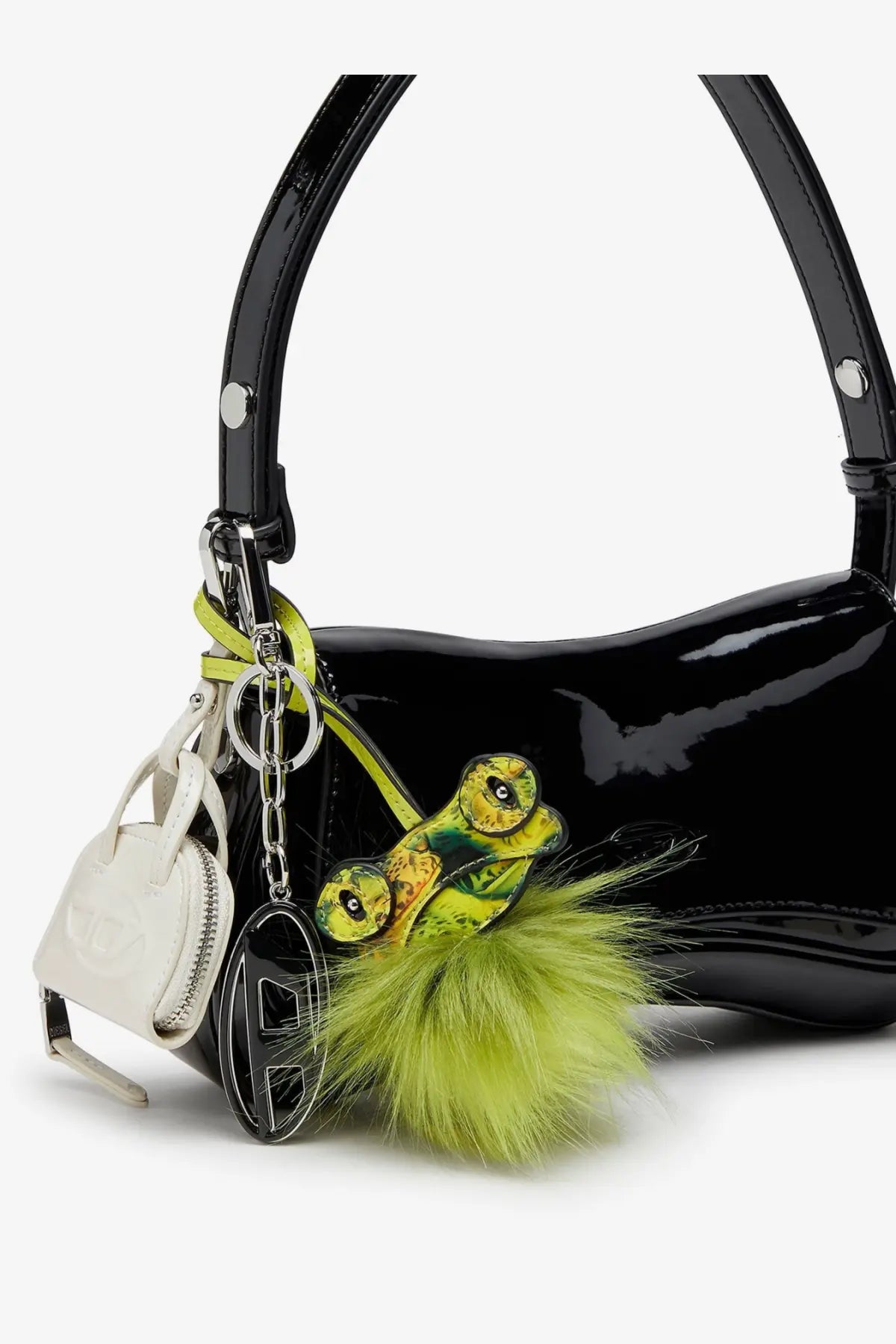 Black glossy patent leather handbag with shiny curved silhouette and silver hardware in diesel womens dome charms pvc keychain white
