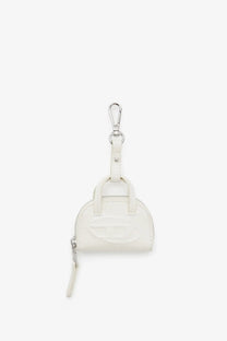 Diesel women’s dome white faux leather mini handbag charm with silver metal clasp and zipper pull keychain