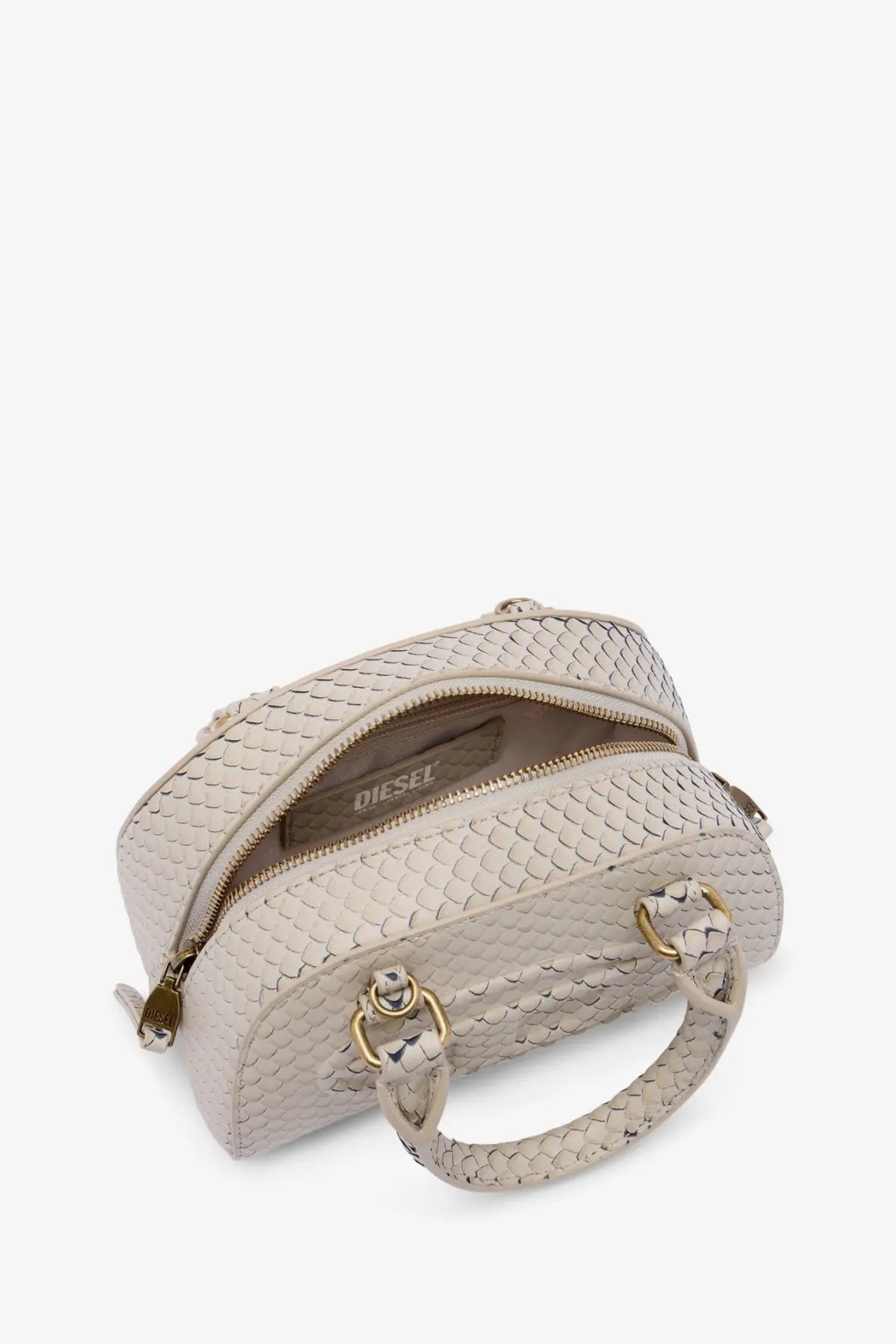 Diesel women’s dome python leather crossbody bag beige with cream textured snake-skin pattern and braided leather handles