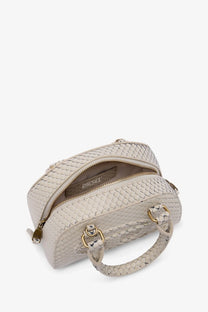 Diesel women’s dome python leather crossbody bag beige with cream textured snake-skin pattern and braided leather handles