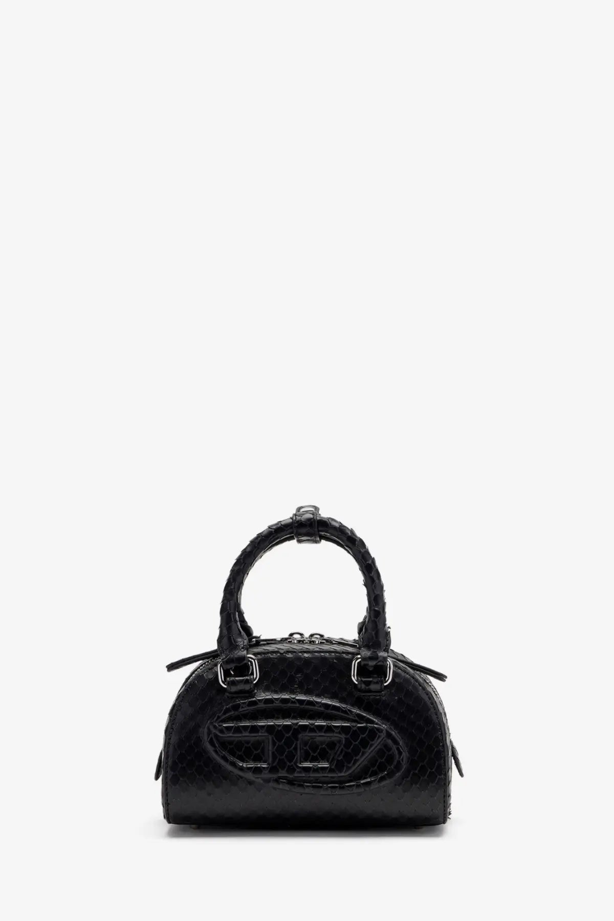 Diesel women’s black dome python leather crossbody bag with snakeskin texture glossy finish and silver hardware