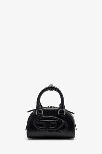 Diesel women’s black dome python leather crossbody bag with snakeskin texture glossy finish and silver hardware