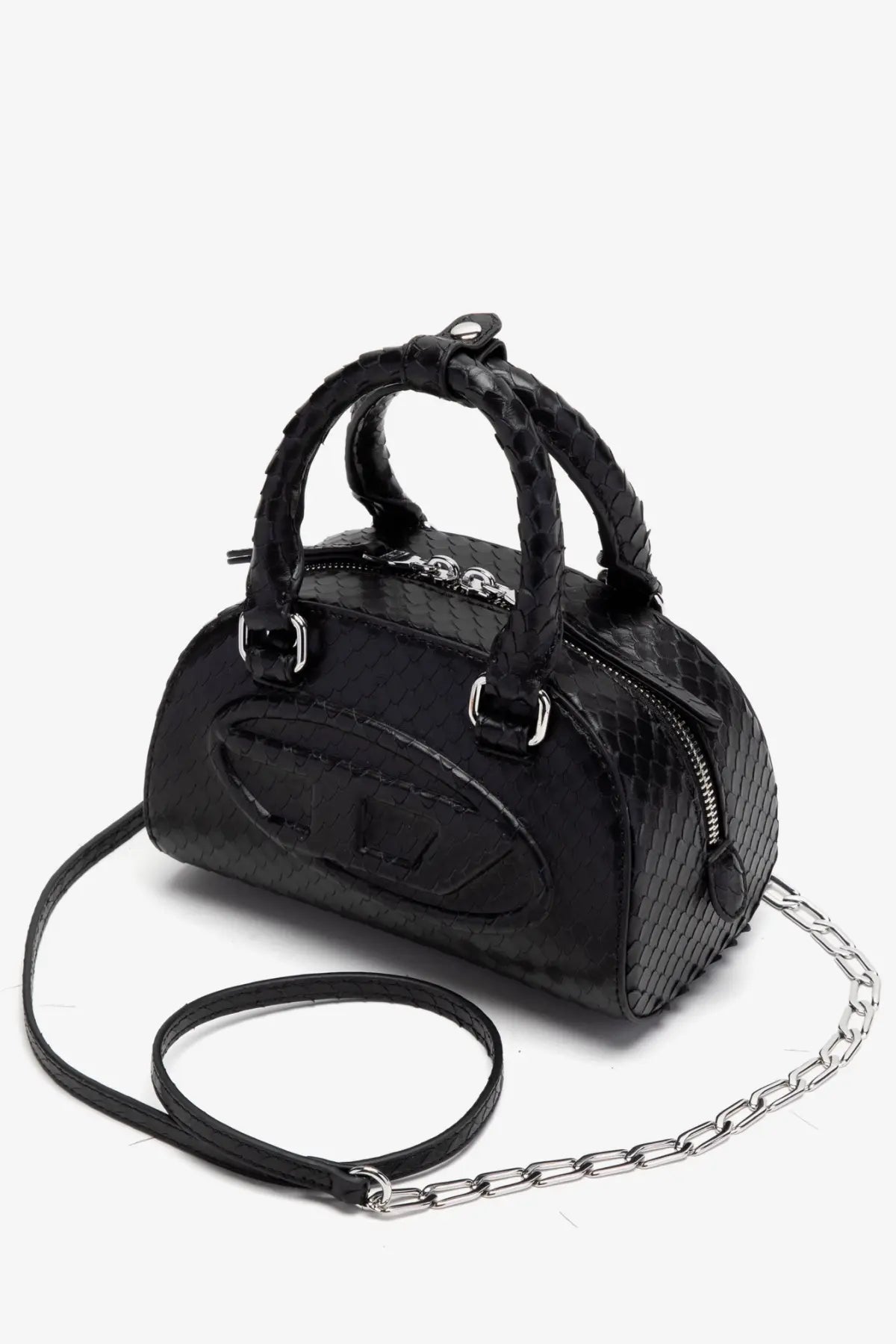 Diesel womens dome python leather crossbody bag black snakeskin texture with braided handles and silver chain strap