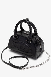 Diesel womens dome python leather crossbody bag black snakeskin texture with braided handles and silver chain strap