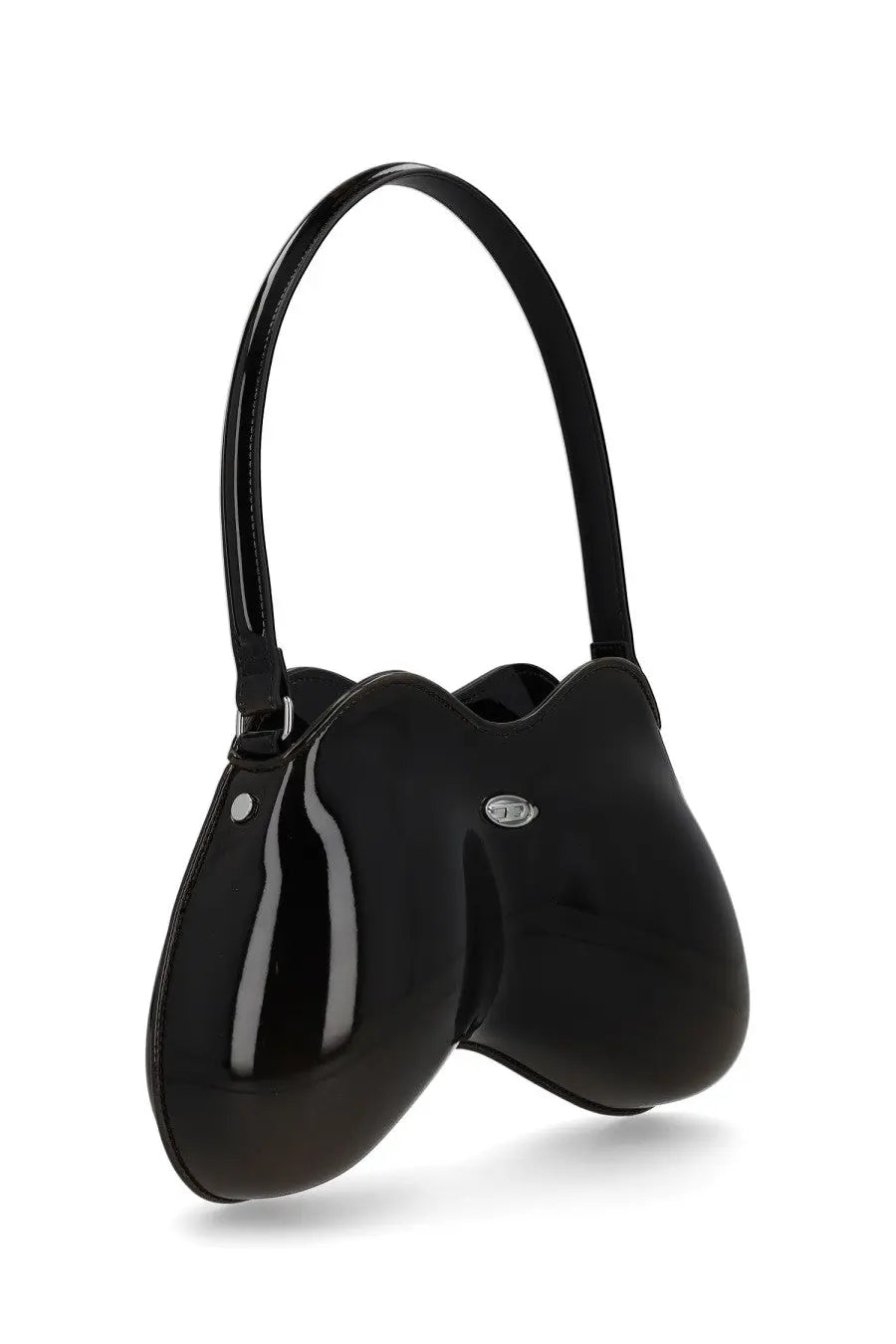 Diesel women’s double bag black glossy patent leather cat-shaped handbag with sleek minimalist design and silver hardware