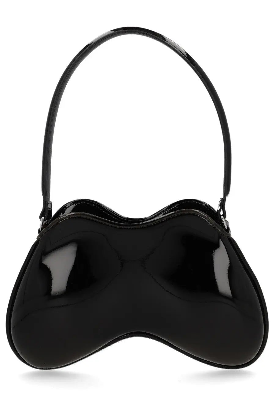 Diesel women’s double bag black glossy patent leather handbag with curved asymmetrical shape and single arched handle
