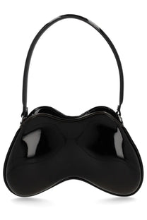 Diesel women’s double bag black glossy patent leather handbag with curved asymmetrical shape and single arched handle