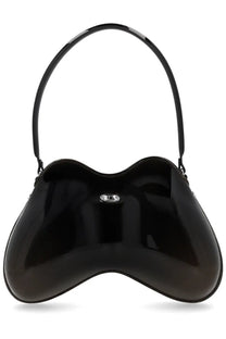 Diesel women’s double bag black glossy patent leather handbag with curved bow silhouette and silver logo plaque
