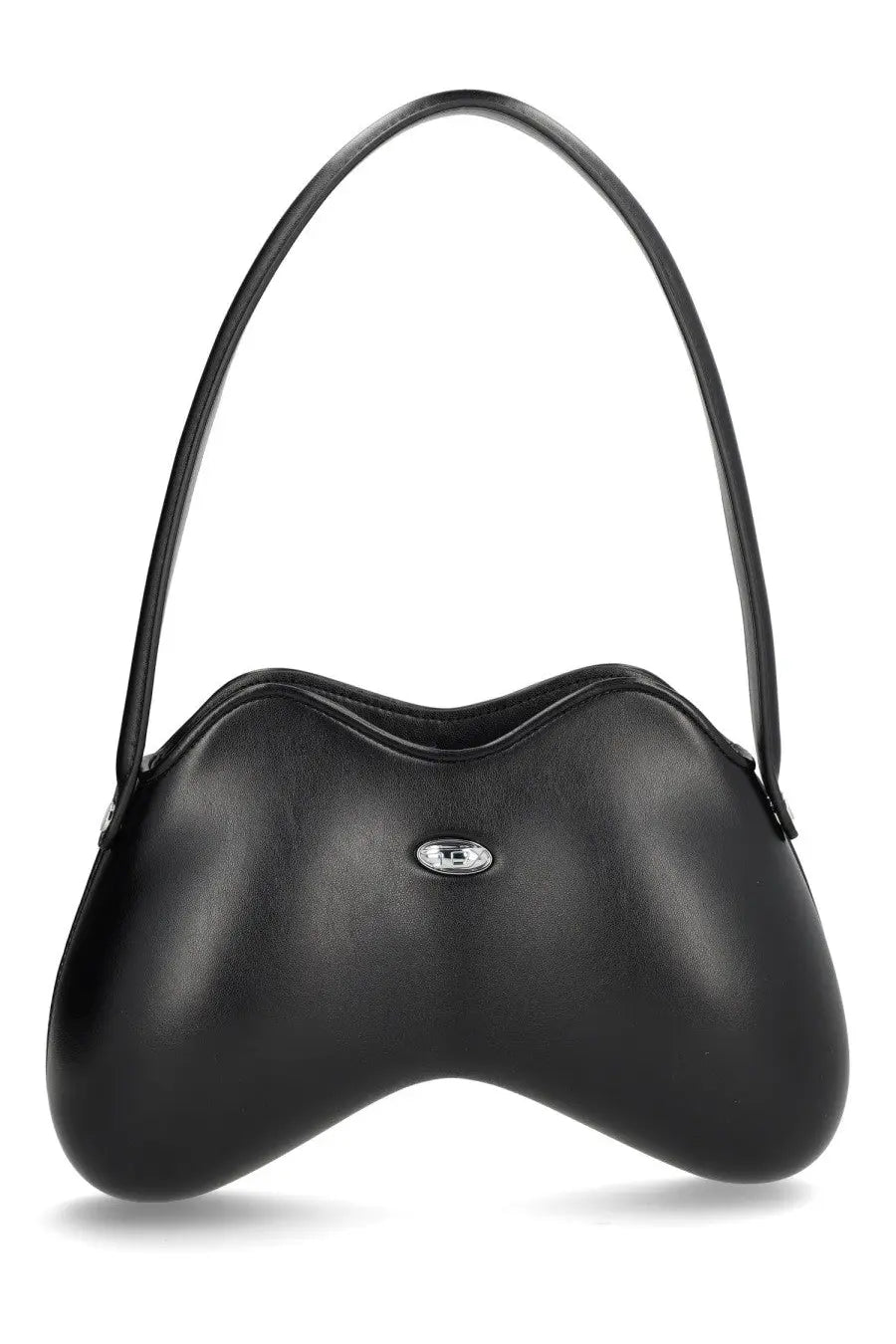Diesel women’s double bag black leather handbag with a sleek curved design and silver-toned logo plaque