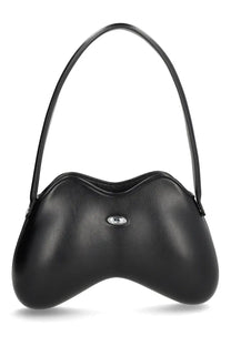 Diesel women’s double bag black leather handbag with a sleek curved design and silver-toned logo plaque