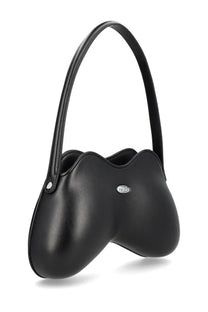 Diesel women’s double bag black leather handbag with unique asymmetrical shape and silver-toned logo plaque